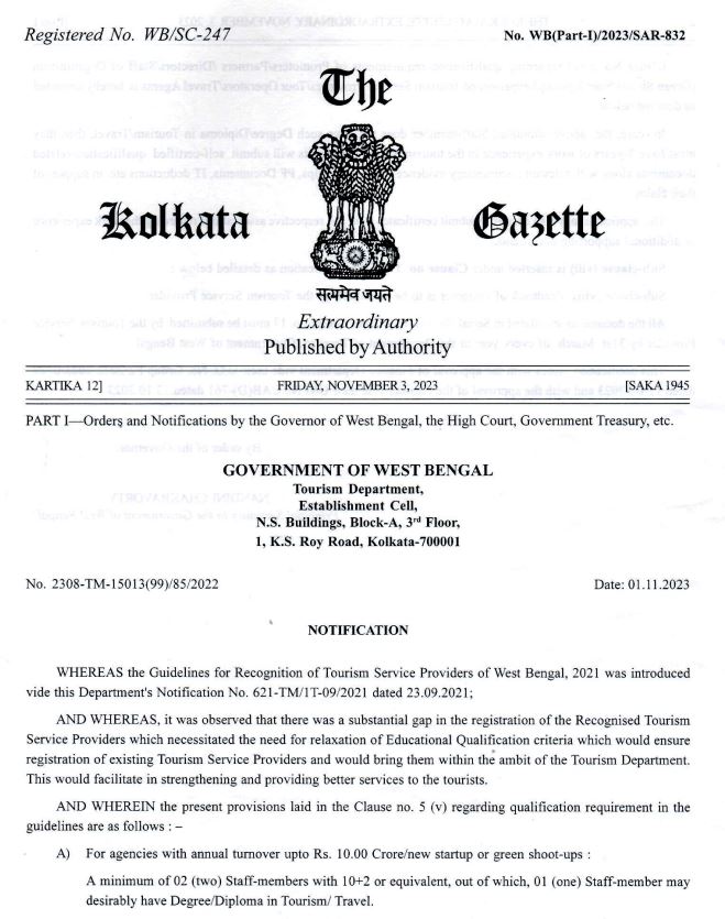 Recognition Of Tourism Service Providers of West Bengal And Educational Qualification Criteria